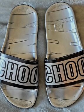 Jimmy Choo Silver Black Logo Slide Sandals